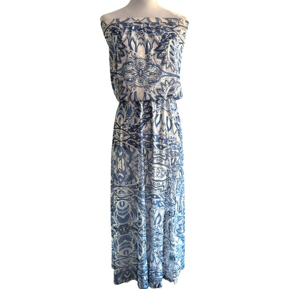 Cynthia Rowley Women's Boho stapless blue and white Paisley Maxi Dress blouson S - Picture 1 of 11